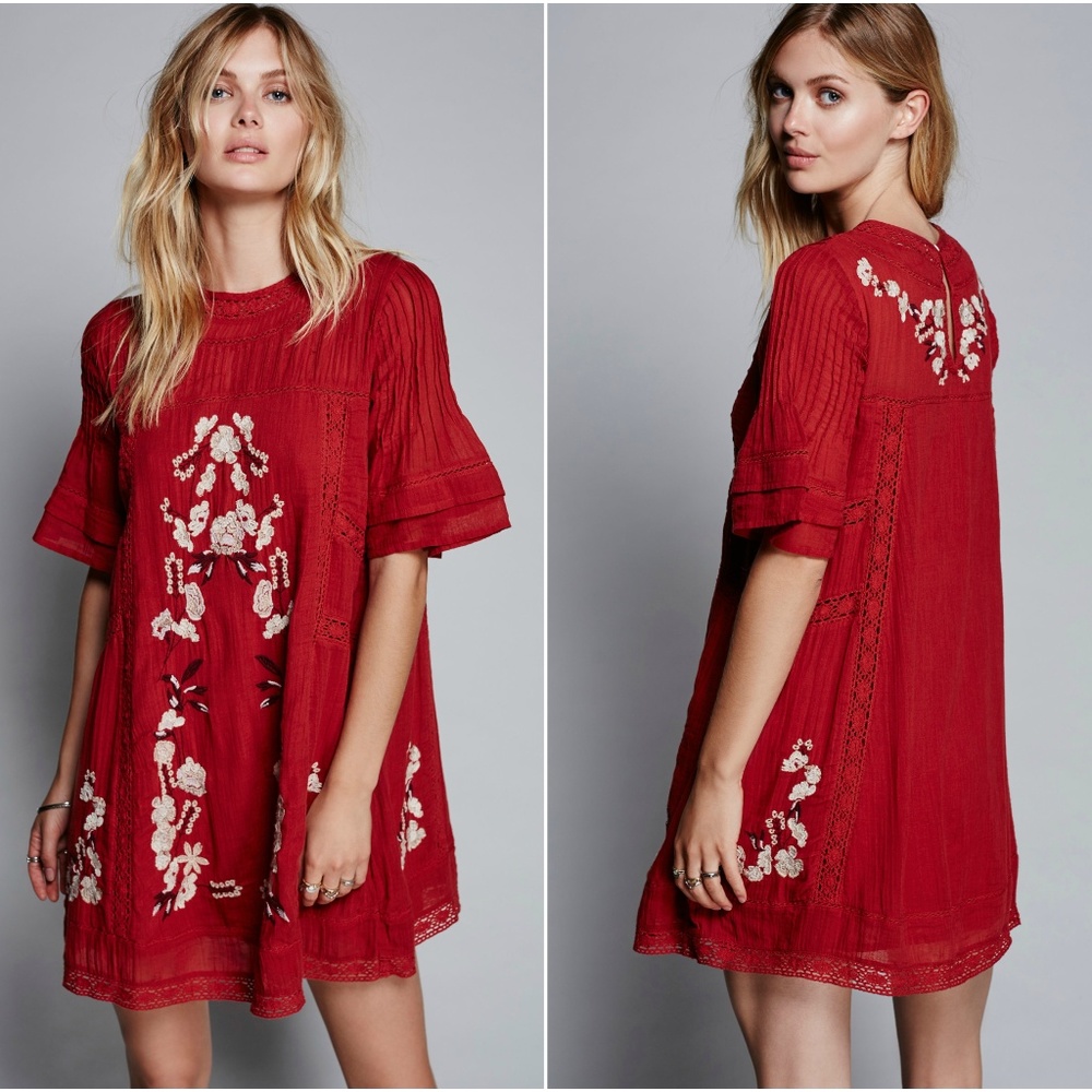 Free People Red Embroidered Dress
